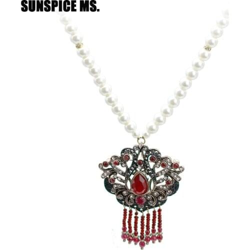 New Turkish Women Long Beads Flower Tassels Pendant Necklace Antique Gold Color Natural Stone Black Enamel Sweater Chain Jewelry