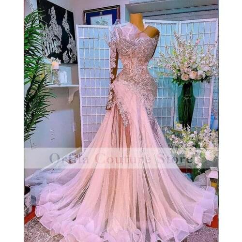 Sparkly Beaded African Women Prom Dresses Long Sleeves Pink Ruffles Formal Evening Occasion Gowns Robe De Novia