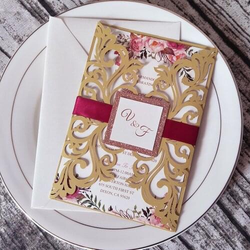 50pc Gold Shimmer Personalized Print Wedding Party Cards with Pink Glitter Tag Laser Cut Editable Floral Quinceanera Invitations