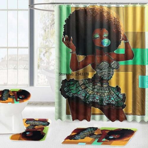 Meigar African Fashion Girl Shower Curtain Waterproof Bathroom Non-Slip Rugs Toilet Seat Cover Floor Mat Pad Bathroom Curtains