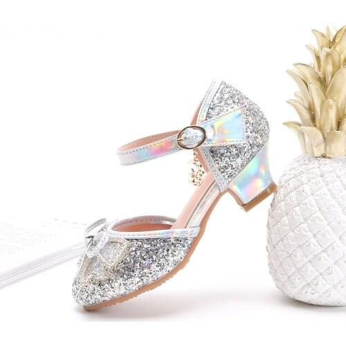 2021New Fashion Children Party Shoes Kids Summer Glitter Sequins Round Toe Bow Sandals Princess Shoes High Heel Girls Shoes
