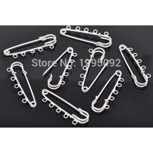 30Pcs Silver Plated Brooches Safety Pin 5 Holes Support de Broche DIY Jewelry Findings 5x1.5cm