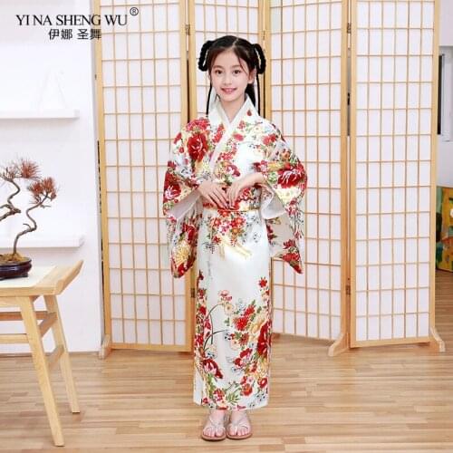 Children Girls with Back Bow-Knot Japanese Costumes Kimono Dress With Obi Bathing Robe Yukata For Kids Girls Dance Girls Kimono