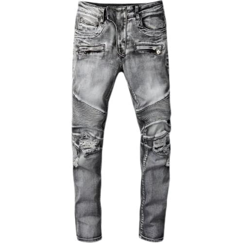 New American street trend new smoky gray stitching jeans mens male youth trend stretch slim-fit motorcycle pants trousers 1094