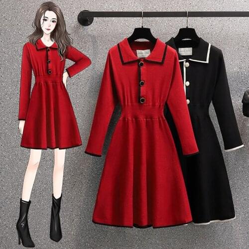 EHQAXIN 2021 Elegant Womens Knit Dresses Fall Winter Fashion Loose Buttons A-Shaped Mid-Length Sweater Dress For Ladies L-4XL