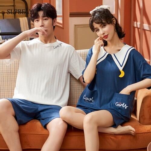 SLPBELY Cotton Couple Pajamas Set Summer Short Sleeve Lovely Sleepwear Mujer Pyjamas Nightwear Men And Women Pajamas Homewear
