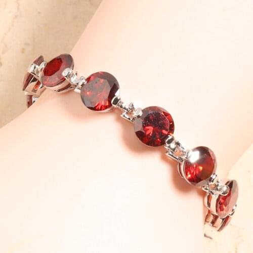 Gracious Red Garnet Silver Plated Argent Gems Link Chain Bracelet 6 7 Inch L10007