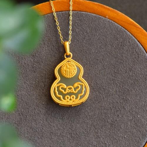 Natural Hetian Jade Necklace Female Clavicle Chain Sterling Silver Ruyi Fu Lu Jade Calabash Pendent Female Fu Character Gourd Pe