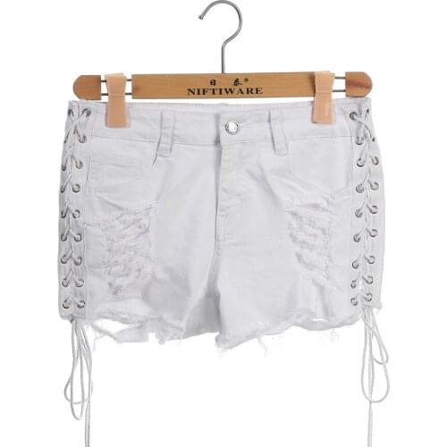 Sexy side lace up denim shorts Women hollow out pocket white short jeans Summer 2017 casual streetwear party mini shorts