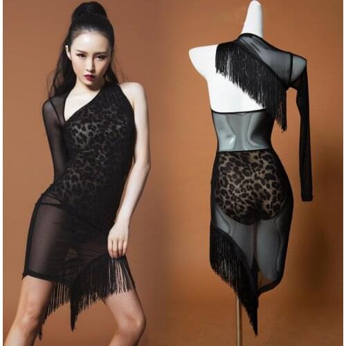 Mesh Latin Dance Dress Sexy Fringe Dress Women Performance Dancing Clothes Samba Long-Sleeved Practice Wear Leopard Dress BL4828