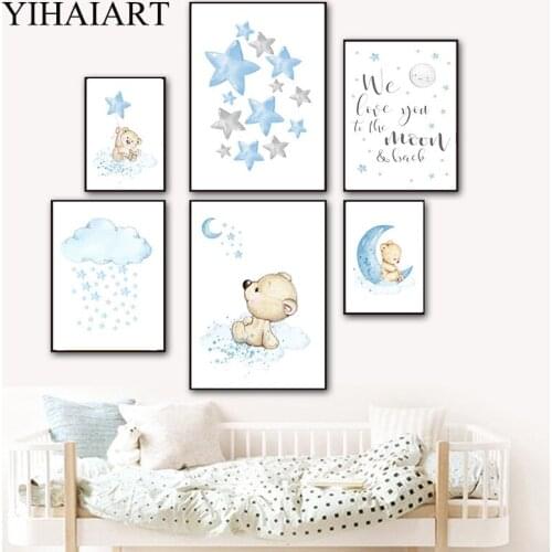 Blue Cartoon Bear Moon Nursery Quotes Art Painting Child Poser Animal Canvas Print Wall Picture Baby Boy Kids Bedroom Decoration