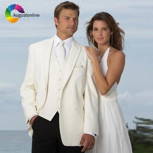 Ivory Wedding Suits 2018 Beach Groom Tuxedos 3 Pieces (Jacket+Pants+Vest) Trim Fit Bridegroom Men Suits Blazer