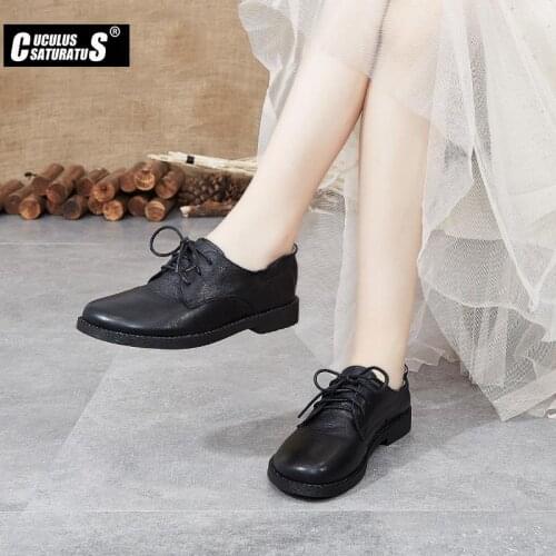 Cuculus 2020 Spring Women Oxford Shoes Ballerina Flats Shoes Women Genuine Leather Shoes Moccasins Lace Up Loafers Black Shoes
