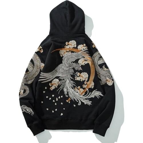 High Street Black Loose Long Sleeve Streetwear Phoenix Dragon Sakura Embroidered Fashionable Men Boys Pullover Tops Hoodies L