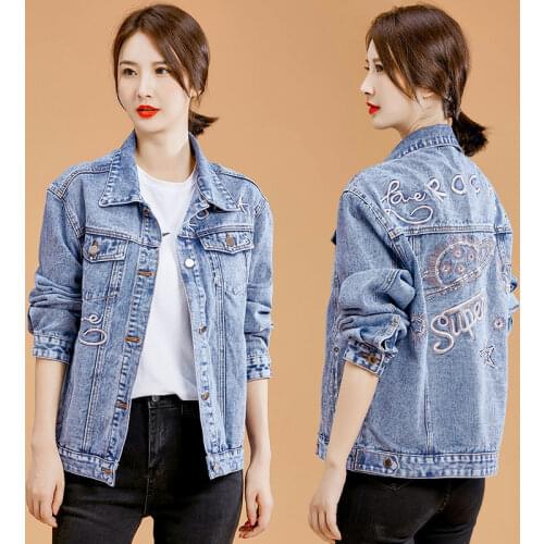 Denim Jacket Female 2021 Spring Autumn New Korean Embroidere Letters Jeans Jacket FemmePlus Size 5XL Short Women Blouses Tops
