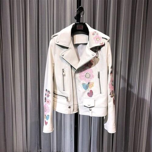 Womens Arrival New Coat Spring 2021 Genuine Leather Jacket Female High Quality Imported Sheepskin Coats Embroider Design