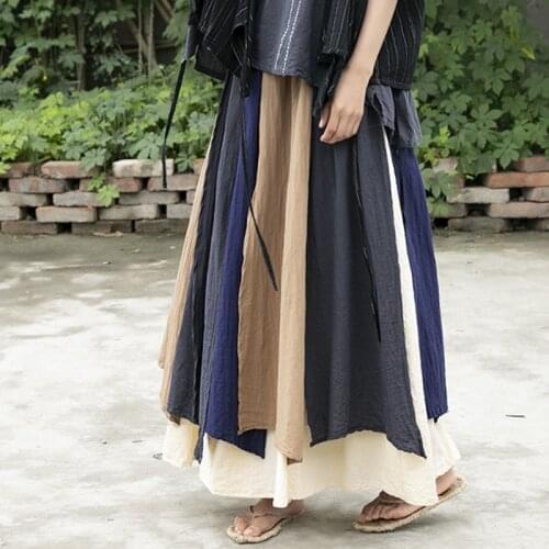 Johnature Women Vintage Patchwork Color Pleated Skirts 2021 Summer New Elastic Waist Cotton Linen Chinese Style Skirts