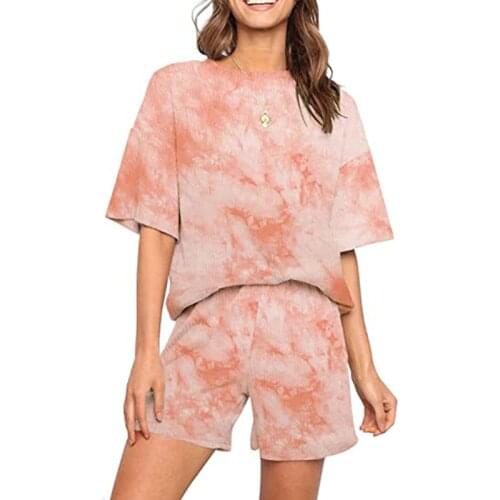 Ladies Fashion Tie-Dye Gradient Suit All-Match Round Neck Short-Sleeved Top + High Waist Shorts Two-Piece Set Ladies Clothes
