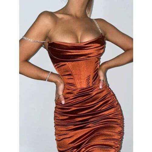 SRUBY Diamond Spaghetti Strap Satin Dress Corset Ruched Bodycon Dress Women Sexy Solid Party Elegant Pleated Midi Dreess