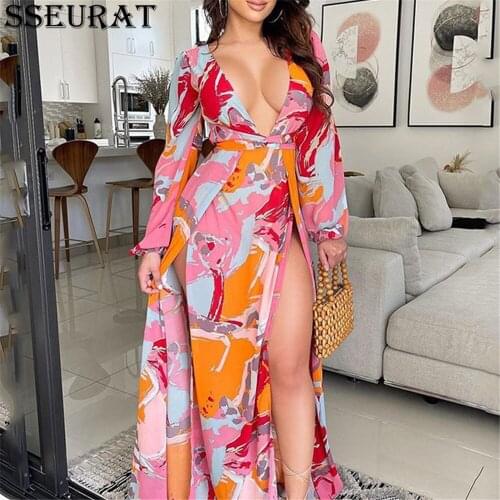 SSEURAT Women Autumn High Side Slit Bodycon Midi Maxi Dress Long Sleeve Pencil Bandage Sexy Club Night Club V-neck Long Dresses
