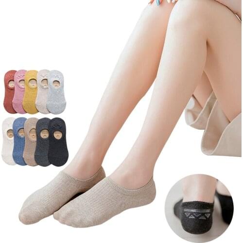 5 Pairs/lot Candy Solid Color Silicone Anti-offing Invisible Cotton Summer Women Boat Casual Sock Slippers Socks Size EU 36-42