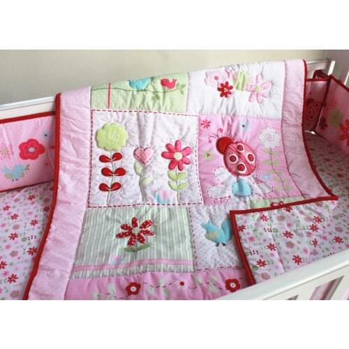 Promotion! 4pcs embroidered Baby Crib Bedding Set Cotton Crib Bedding Cartoon ,include(bumper+duvet+bed cover+bed skirt)
