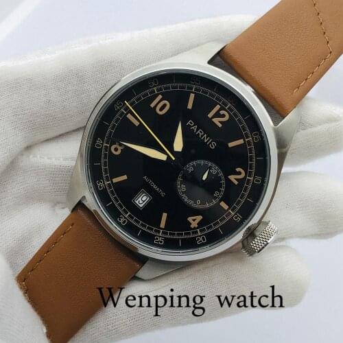 PARNIS 48mm Mens Large Size Luxury Mechanical Watch Black Dial Date Luminous Waterproof Leather Strap Mens Top Automatic Watch