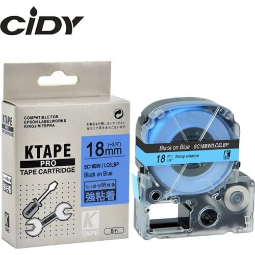 CIDY 20 ROLLS compatible SC18BW/LC5LBP LC-5LBP9 18MM black on blue strong adhesive label ribbon for KingJim machine LW300 LW400