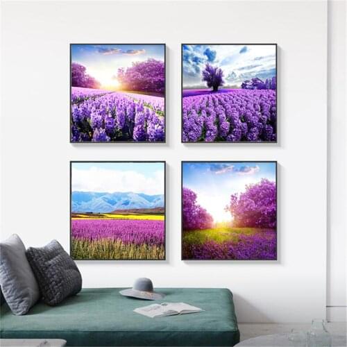Purple Flowers Lavender Sunset Painting Natural Landscape Canvas Wall Art for Home Decoration Living Room Canvas Prints Posters