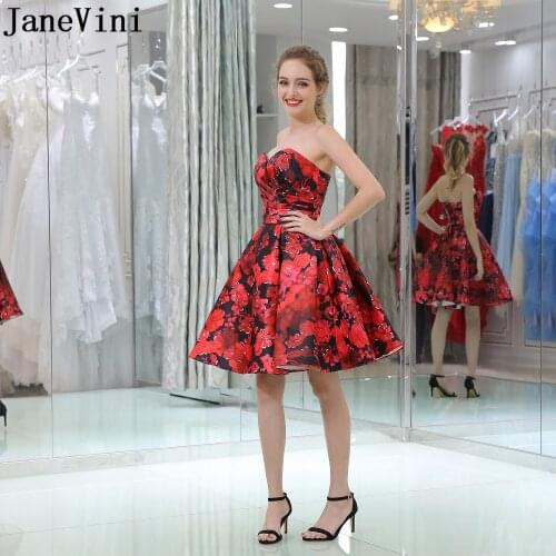 JaneVini robe courte Floral Graduation Dresses Red Short Homecoming Dress Sweetheart Satin Flowers Print Women Formal Gown