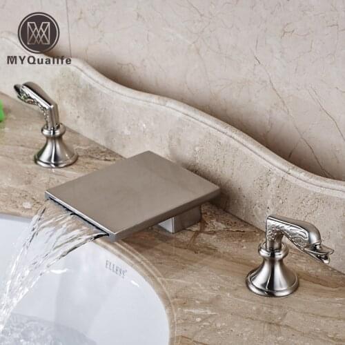 Deck Mounted Waterfall Bathroom Faucet Tap Dual Handles Brushed Nickel Bath Spout Mixer Faucet