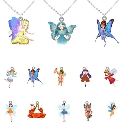 Disney Lovely Spirits Colorful Wings Cartoon Pendant Animation Necklace Accessories Epoxy Resin Jewelry Birthday Present XDS1031