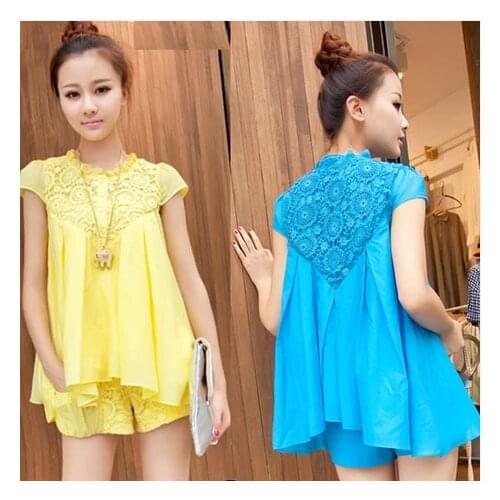 Summer womens chiffon lace set short-sleeve fashion sportswear womens plus size casual set