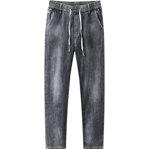 Mens Autumn 2021 Stretch Slim Fit Cotton Washed Jeans Grey Baggy Elastic Waist Drawstring Casual Denim Pants Streetwear Trouser