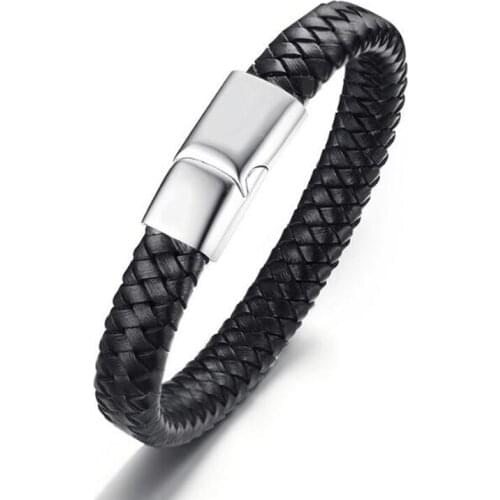 Classic Mens Black Gold Silver Color Genuine Leather Rope Bracelet Magnetic-Clasp Braided Wrap Pulseira Masculina