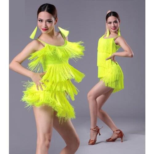 New Girls Adult Latin Dance Dress Tassel Fringe Salsa Tango Modern Ballroom Dance Wear Black Performance Competition Costumes