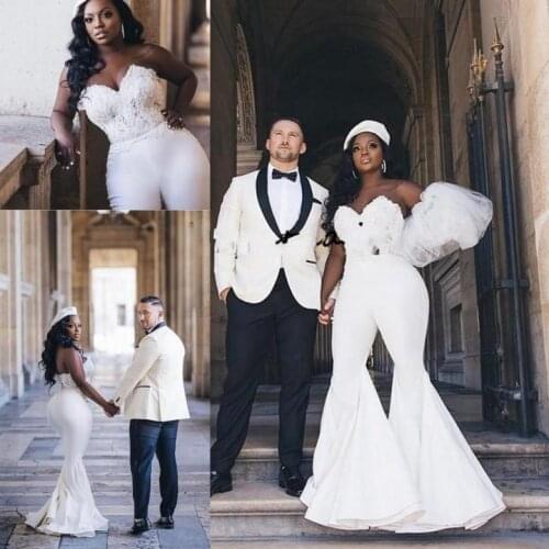 Sexy Plus Size African Wedding Jumpsuit Gown Sweetheart Lace Corset Top Outdoor Bride Reception Dress