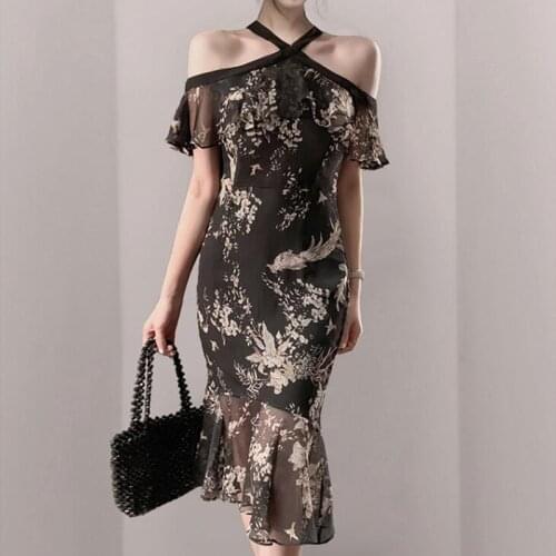 ZAWFL Trumpet Print Patchwork Women Dress Slash Neck Off Shoulder Sleeveless High Waist Slim Mermaid Dresses Female