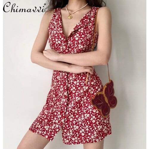 Retro Slim Single Breasted V Neck Dress for Women Womens Summer Sleeveless High Waist Short Dress Female A Line Korean Dress