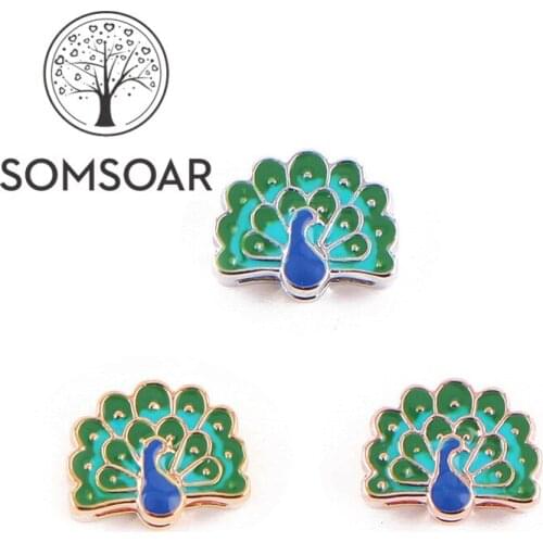 Somsoar Jewelry lordly Peacock oil drip Slide charms fit Leather wrap Mesh Stainless steel Mesh Bracelet 10pcs/lot