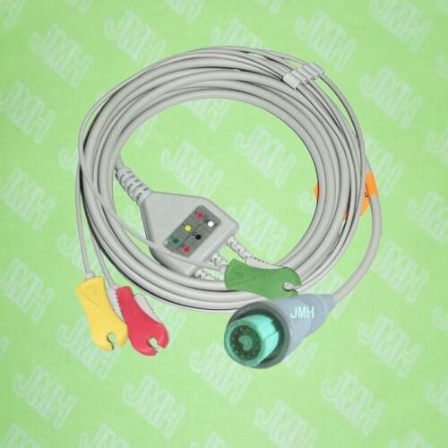 Compatible with 12pin Fukuda Denshi ECG Machine the one-piece 3 lead cable and clip leadwire,IEC or AHA
