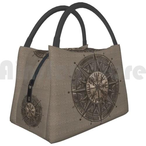 Cooler Lunch Bag Picnic Bag Vegvisir-Viking Compass-Beige Leather And Gold Vegvisir Viking Compass Norse Norse