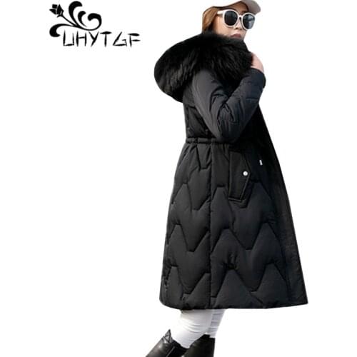 UHYTGF quality Winter down cotton parkas woman Fur collar Hooded Thicken warm jacket Casual long Plus size coat parkas mujer 838