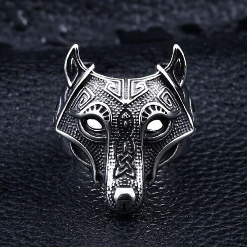 Vintage Viking Wolf Titanium Steel Skull Biker Gothic Punk 316L Stainless Ring For Men Retro Male Design Round Bands Rings