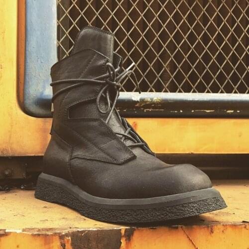 Vintage Autumn Winter New Warm Thick Bottom Mid Calf Boots Fashion Lace Round Toe Male Casual Cowhide High Top Platform Boots