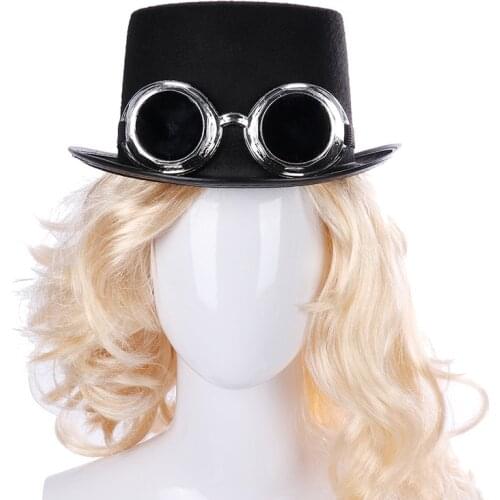 Adult Steampunk Gothic Gold Glasses Top Hat Retro Silver Goggles Topper Halloween Cosplay Cap Props Carnival For Men Women Black