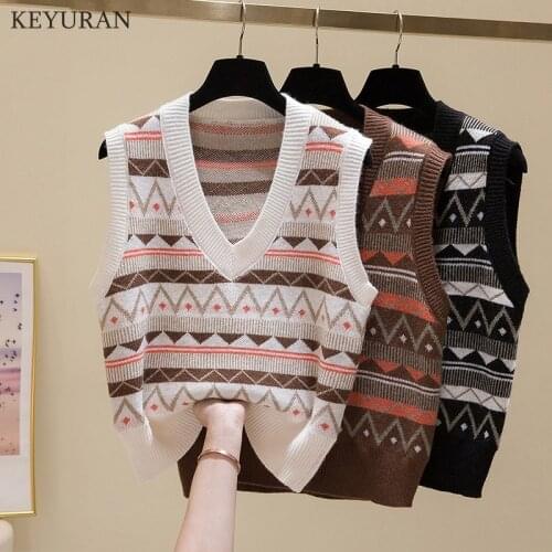 Jacquard Sweater Vest Women Simple All-match Korean Style V-neck Knitted Waistcoat Female Leisure Sleeveless Vintage Vest 2021