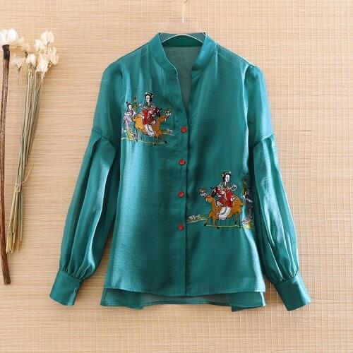 High-end Spring folk-custom Blouse Shirt Retro Women Embroidery Lantern Sleeve Lady Organza Shirt Top S-XXL
