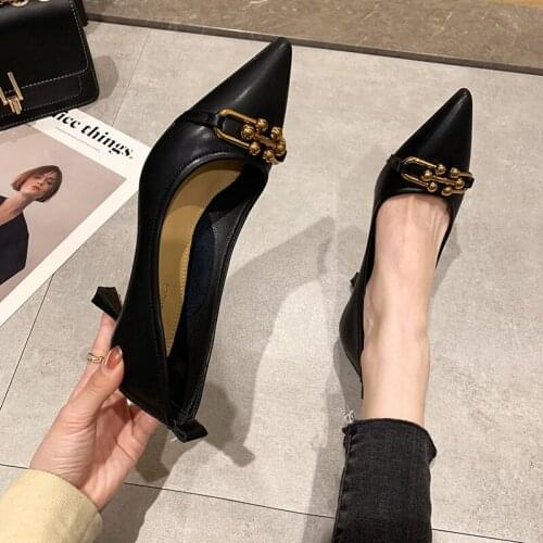 Womens shoes spring 2021 new fashion pointed metal buckle stiletto high heels banquet shoes