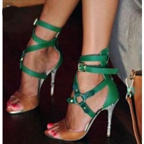 Sexy Green Circle Cross Strap Women Sandals Cut-out Peep Toe Patchwork Ladies Shoes With Heels Hollow Gladiator Stiletto Sandals